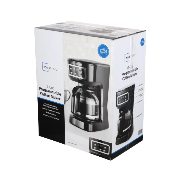 Mainstays Black 12-Cup Programmable Coffee Maker, 1.8 Liter Capacity, New
