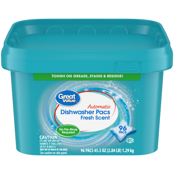 Great Value Pacs Dishwasher Detergent Pods, Clean and Fresh Scent, 45.5 Ounce, 96 Count