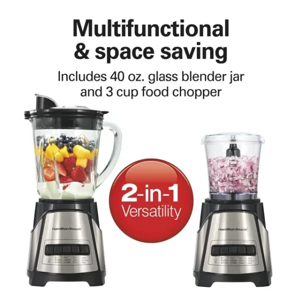 Hamilton Beach Power Elite Multi-Function Blender with Mess Free 40 oz. Glass Jar and 3-Cup Chopper, Mini Food Processor, 700 Watts, Stainless Steel, 58149