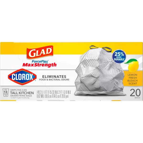 Glad ForceFlex MaxStrength with Clorox 13 Gallon Kitchen Trash Bags, Lemon Fresh Bleach, 20 Bags