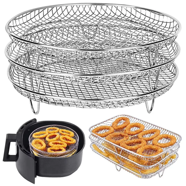 Round Air Fryer Basket Stainless Steel Air Fryer Accessories Air Fryer Racks Three Layer Stackable Dehydrator Racks Fit for 4.2Qt, 5.3Qt, 5.5Qt, 5.8Qt, 6.8Qt Air Fryer