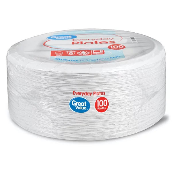 Great Value Everyday Strong, Soak Proof, Microwave Safe, Disposable Paper Plates, 10", White, 100 Count