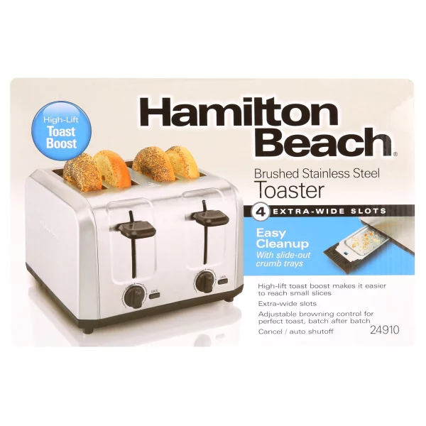 Hamilton Beach Brushed Stainless Steel 4 Slice Toaster with Extra-Wide Slots, Toast Boost, Auto Shutoff, 24910