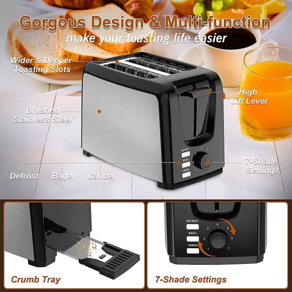 Dear Morning Toaster 2 Slice with 2 Wide Slots 7 Shade Settings and Removable Crumb Tray Black Bread Toaster