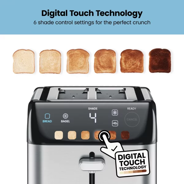 Chefman Smart Touch 2 Slice Digital Toaster, 6 Shade Settings, Stainless Steel, Removable Crumb Tray