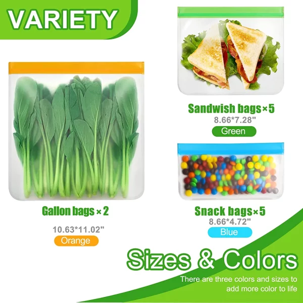 Reusable Food Storage Bags - 12 Count BPA Free Reusable Freezer Bags (2 Gallon & 5 Sandwich & 5 Snack Size Bags) Leak Proof Freezer Safe Bag for Meat Fruit Vegetable