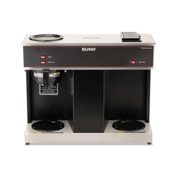 This pour-over coffee brewer is completely portable and requires no plumbing. It features a separate controlled warmer and is NSF Certified. Decanters not included. Coffee Brewer, 3 Warmers Stainless steel construction of internal components Three separately controlled warmers Stylish black decor SplashGard filter basket deflects hot liquids away from the hand Brewing capacity of appro