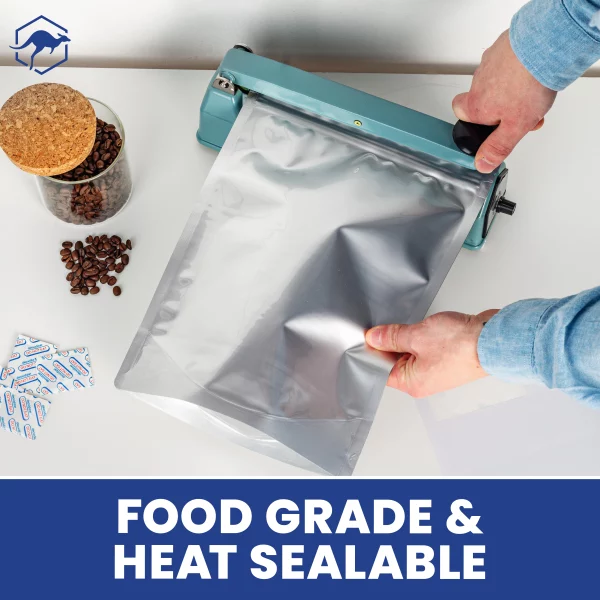 60 Wallaby Stand up Mylar Bags with Zipper Bundle 1 Gallon 7.5 Mil with 60 400cc Food Safe - Silver