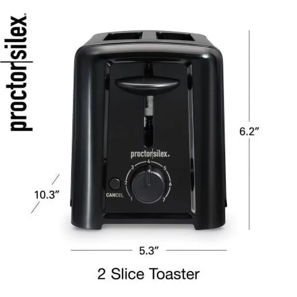 Proctor Silex 2 Slice Toaster, Auto Shut Off, Compact, Black, 22624