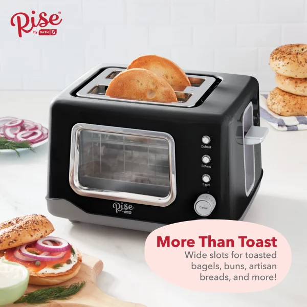 Rise by Dash Clear View 2-Slice Toaster with See Through Window - Defrost, Reheat, Feature for Bagels + Auto Shut off - Black