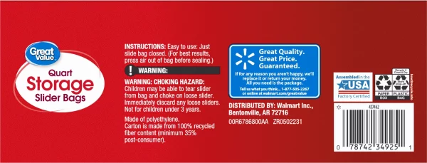 Great Value Fresh Seal Slider Zipper Bags, Quart Storage, 75 Count