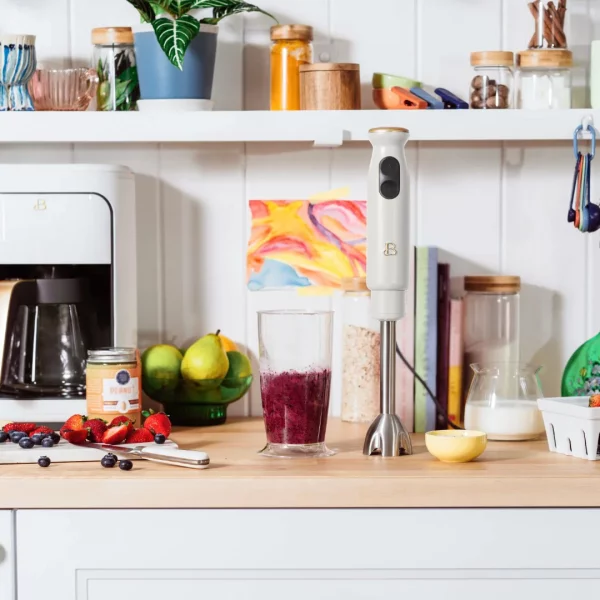 Beautiful 2-Speed Immersion Blender with Chopper & Measuring Cup, White Icing by Drew Barrymore