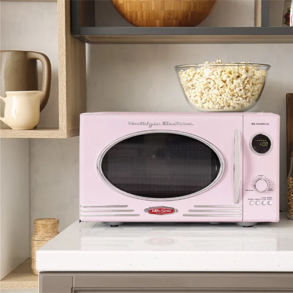 Nostalgia Retro 0.9 cu. ft. 800-Watt Countertop Microwave, Pink, New