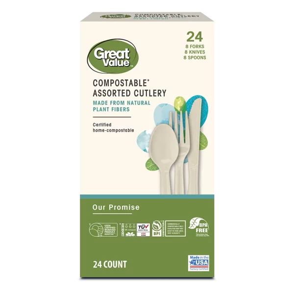 Great Value Disposable Compostable Assorted Cutlery, Beige, 24 Count
