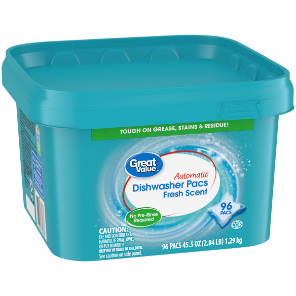 Great Value Pacs Dishwasher Detergent Pods, Clean and Fresh Scent, 45.5 Ounce, 96 Count