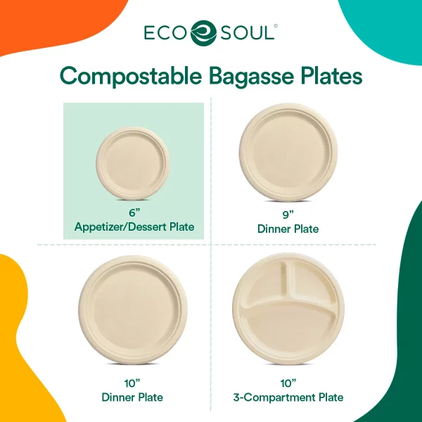 ECO SOUL 100% Compostable 6 Inch Bagasse Paper Plates, 100 counts | Heavy-Duty Disposable Appetizer Plates | Eco-Friendly Made of Sugarcane Fibers-Natural Biodegradable Plates