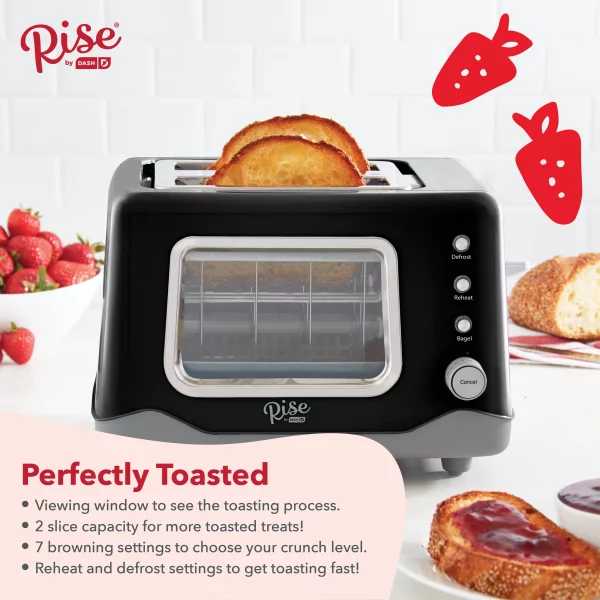 Rise by Dash Clear View 2-Slice Toaster with See Through Window - Defrost, Reheat, Feature for Bagels + Auto Shut off - Black