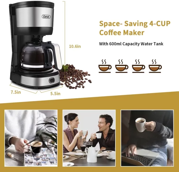Gevi 4-Cup Coffee Maker with Auto-Shut off, Cone Filter, Stainless Steel Finish, 600ml