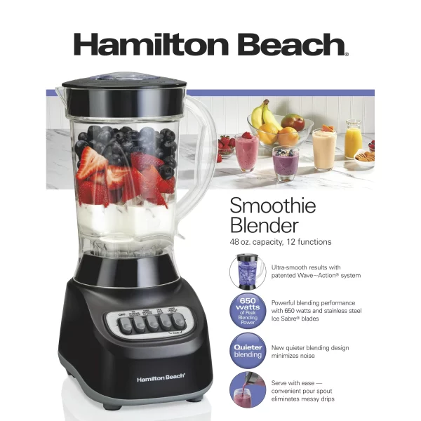 Hamilton Beach Smoothie Blender, 48 oz. Jar, 12 Blending Functions, Black, 50180F
