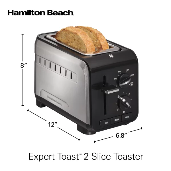 Hamilton Beach Expert-Toast 2 Slice Toaster, Adjustable Settings and Longer Slot for Artisan & Specialty Breads, Brushed Stainless Steel Finish, 22994