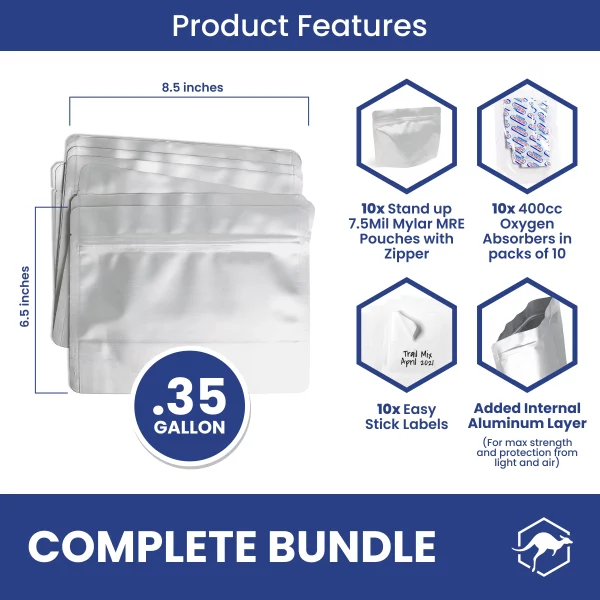 10 Wallaby MRE Mylar Bags with Zipper - Bundle - 0.35 Gallon (7.5 Mil) with 10 400cc - Silver
