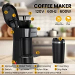 VAVSEA Single-Serve Coffee Maker Brewer 14Oz with Thermal Travel Mug and Reusable Filter, 600W Personal Coffeemaker for Ground Coffee