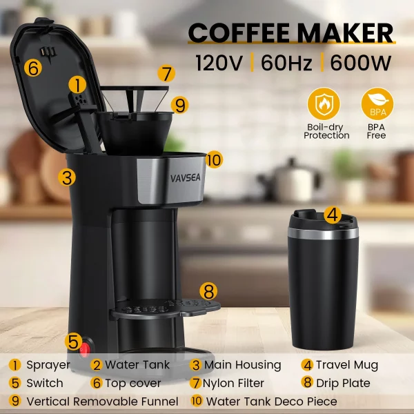 VAVSEA Single-Serve Coffee Maker Brewer 14Oz with Thermal Travel Mug and Reusable Filter, 600W Personal Coffeemaker for Ground Coffee