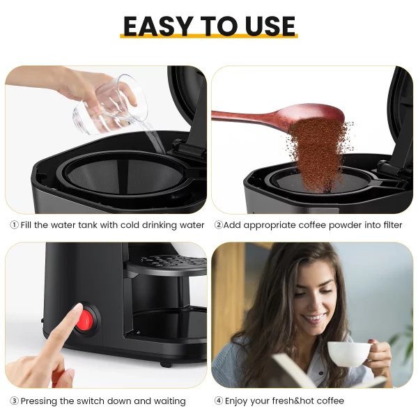 VAVSEA Single-Serve Coffee Maker Brewer 14Oz with Thermal Travel Mug and Reusable Filter, 600W Personal Coffeemaker for Ground Coffee