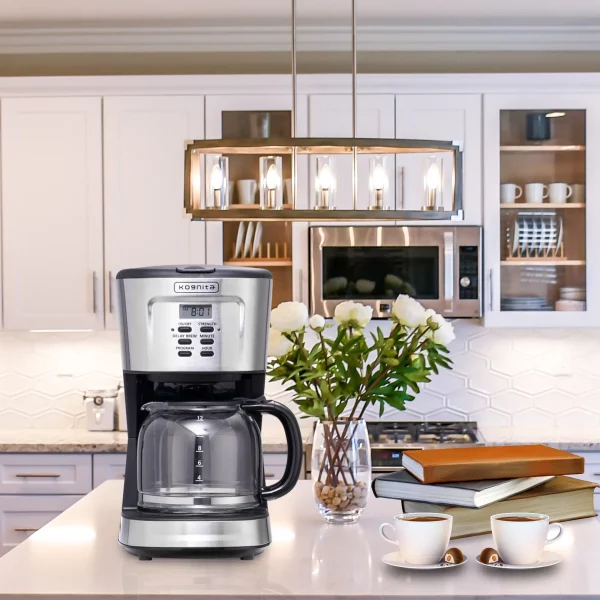 Kognita 12 Cup Coffee Maker, Programmable Coffee Machine & Ice Tea Maker with Glass Carafe, Drip Coffee Pot, Auto Keep Warm, Anti-Drip, 900W Quick Brew, Strength Control, Black and Silver