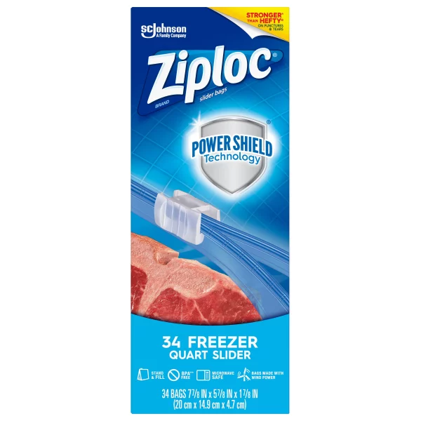 Ziploc® Brand Slider Freezer Bags with Power Shield Technology, Quart, 34 Count