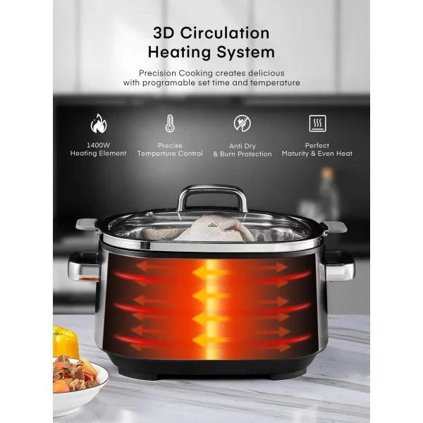 Slow Cooker, 10 in 1 Programmable Cooker, 6Qt Stainless Steel, Rice Cooker, Yogurt Maker, Delay Start, Steaming Rack and Glass Lid, Adjustable Temp&Time for Slow Cook with Digital Timer