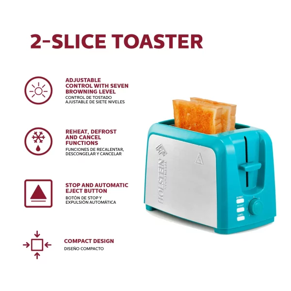 Holstein Housewares 2-Slice Toaster Teal with Defrost and Reheat Function