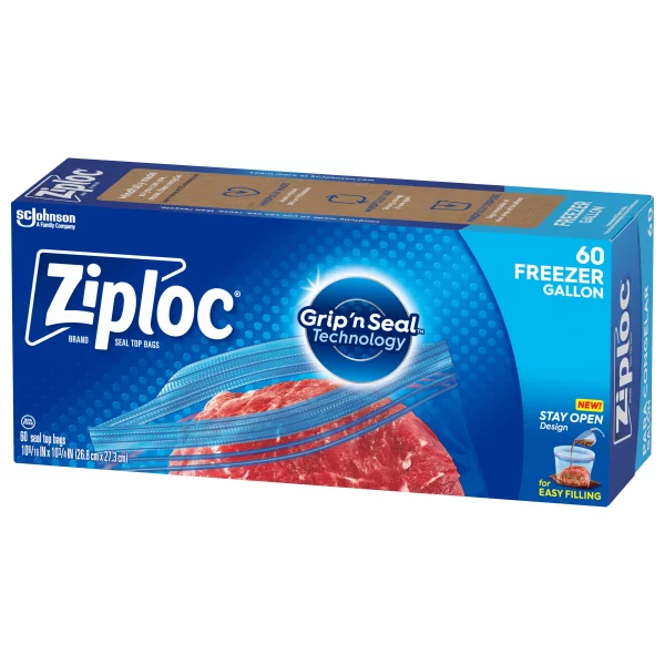 Ziploc® Brand Freezer Bags with New Stay Open Design, Gallon, 60, Patented Stand-up Bottom, Easy to Fill Freezer Bag, Unloc a Free Set of Hands in the Kitchen, Microwave Safe, BPA Free