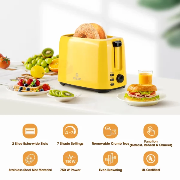 iSiLER 2 Slice Toaster Extra-Wide Slots Yellow Toaster with Defrost and Reheat Function