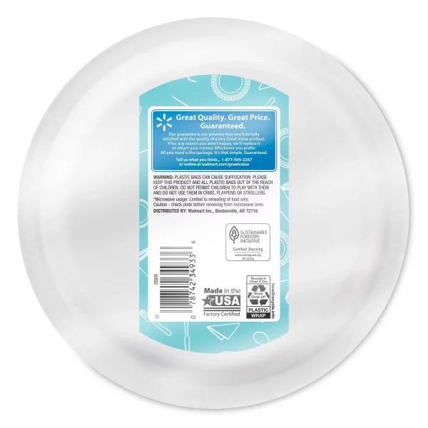 Great Value Everyday Strong, Soak Proof, Microwave Safe, Disposable Paper Plates, 10", White, 100 Count