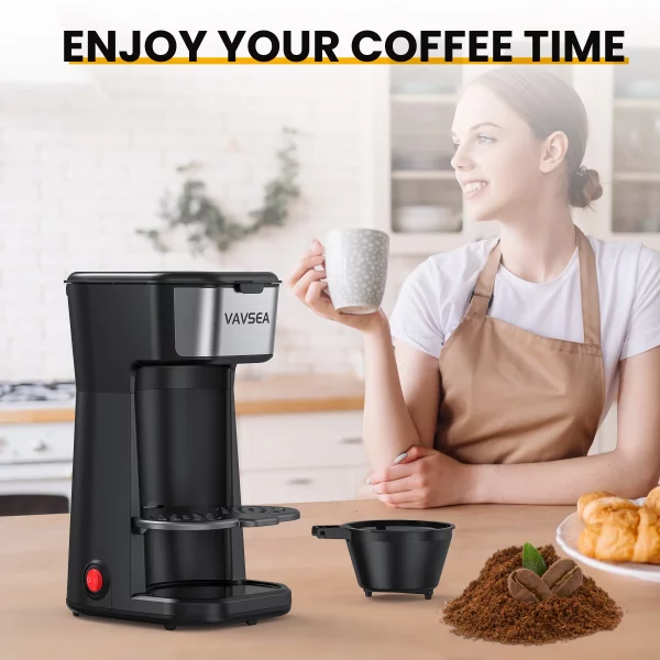 VAVSEA Single-Serve Coffee Maker Brewer 14Oz with Thermal Travel Mug and Reusable Filter, 600W Personal Coffeemaker for Ground Coffee