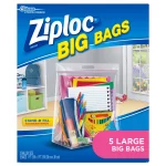 Ziploc® Big Bags, Large, Secure Double Zipper, 5 ct, Expandable Bottom, Heavy-Duty Plastic, Built-In Handles, Flexible Shape to Fit Where Storage Boxes Can't