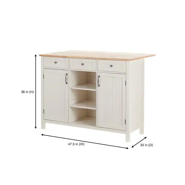 Bainport Ivory Wooden Kitchen Island with Natural Butcher Block Top and Storage (48" W)