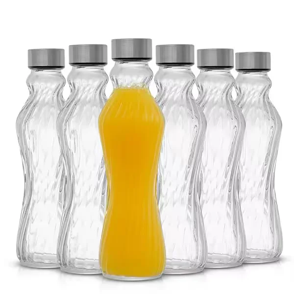 Spring 18 oz. Clear Glass Fluted Water Bottles with Stainless Steel Cap - (Set of 6)