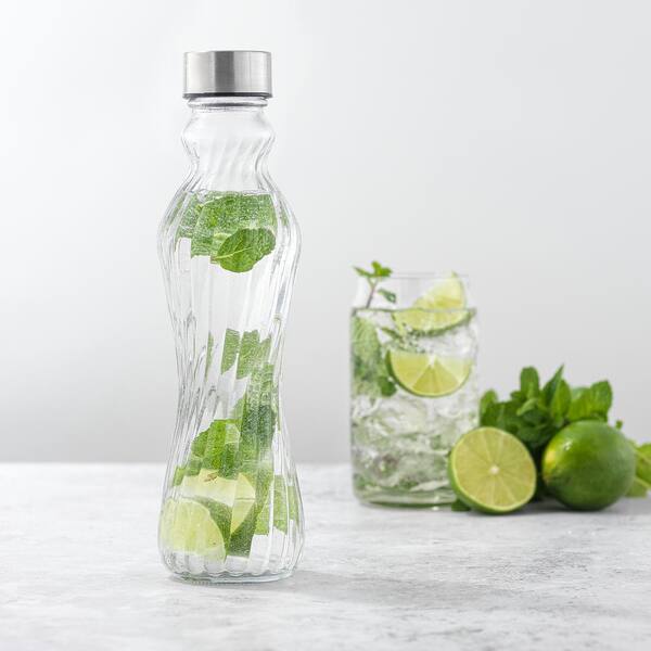 Spring 18 oz. Clear Glass Fluted Water Bottles with Stainless Steel Cap - (Set of 6)
