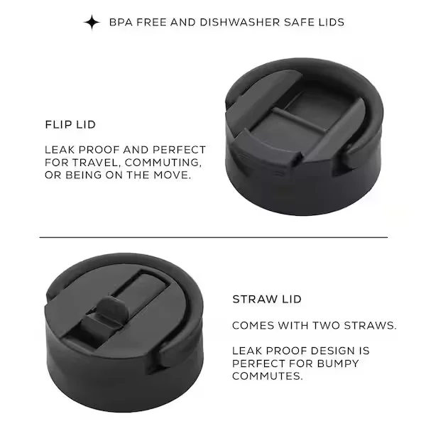 22 oz. Black Vacuum Insulated Stainless Steel Water Bottle with Flip Lid and Sport Straw Lid