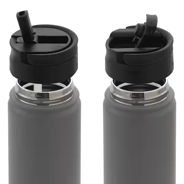 22 oz. Black Vacuum Insulated Stainless Steel Water Bottle with Flip Lid and Sport Straw Lid