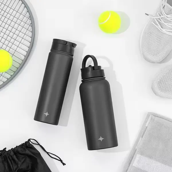 22 oz. Black Vacuum Insulated Stainless Steel Water Bottle with Flip Lid and Sport Straw Lid