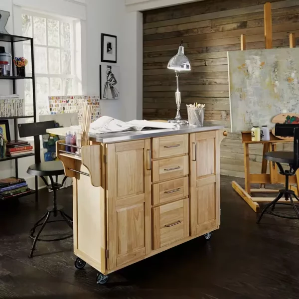 Natural Wood Kitchen Cart with Stainless Top and Breakfast Bar