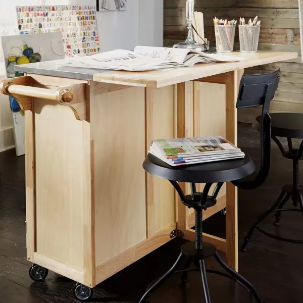 Natural Wood Kitchen Cart with Stainless Top and Breakfast Bar