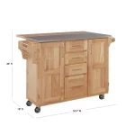 Natural Wood Kitchen Cart with Stainless Top and Breakfast Bar