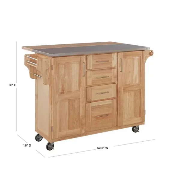 Natural Wood Kitchen Cart with Stainless Top and Breakfast Bar