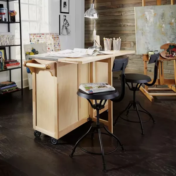 Natural Wood Kitchen Cart with Stainless Top and Breakfast Bar