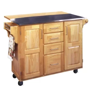 Natural Wood Kitchen Cart with Stainless Top and Breakfast Bar