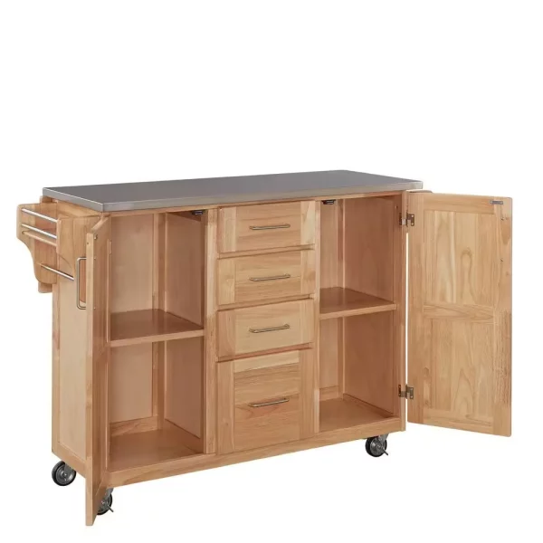 Natural Wood Kitchen Cart with Stainless Top and Breakfast Bar